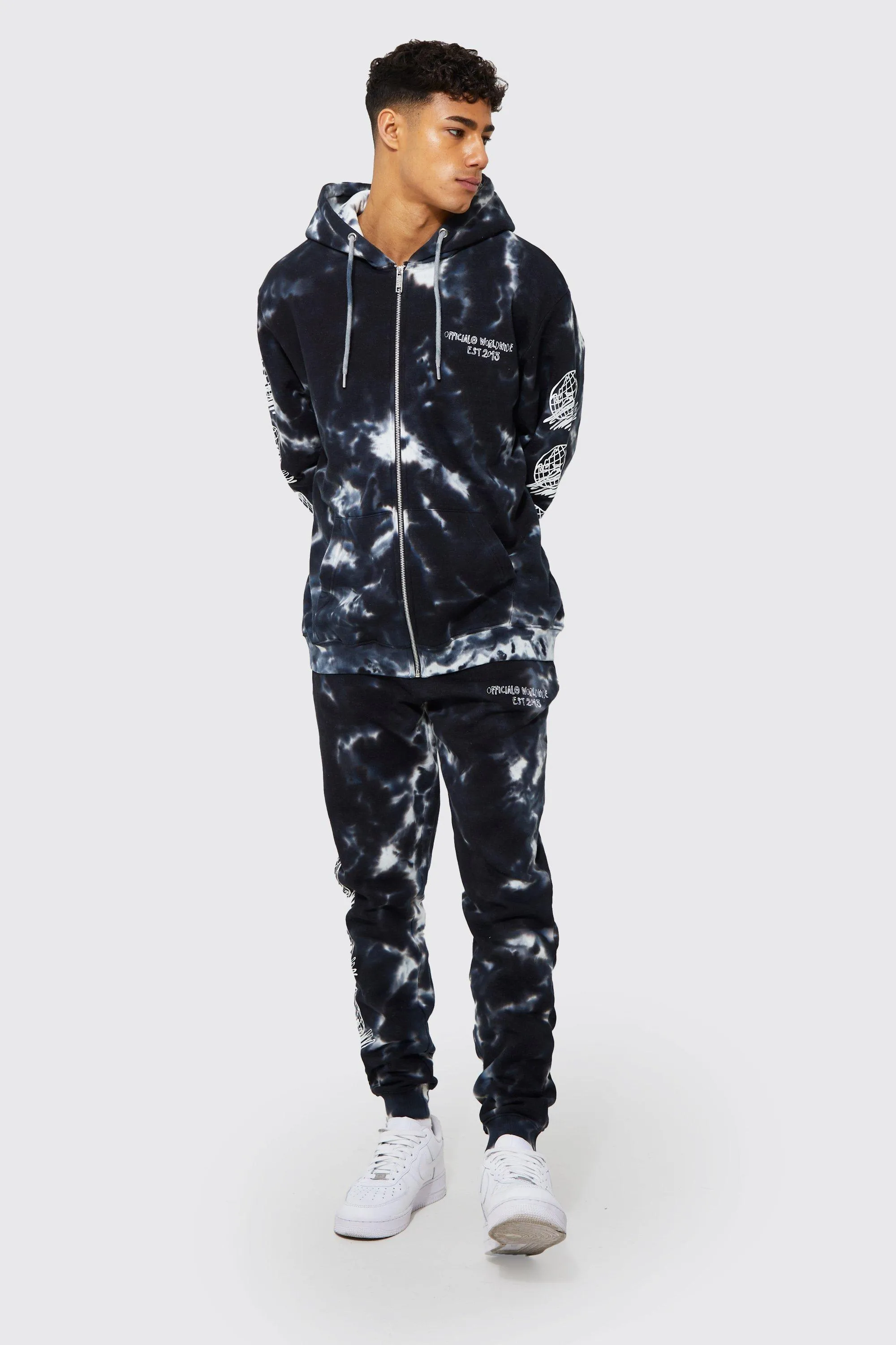 Tie Dye Sleeve Print Zip Hooded Tracksuit | boohooMAN UK