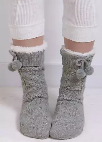 Totes Ladies Cable Knit Pom Pom Slipper Socks in Grey | Grattan