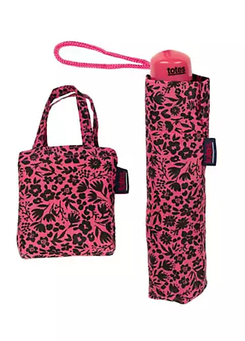 Totes Supermini Ditsy Pink Print Umbrella & Matching Shopping Bag Gift Set