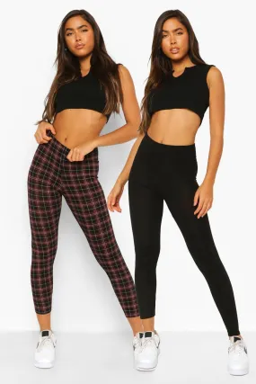 Two Pack Plaid Check And Basic Leggings