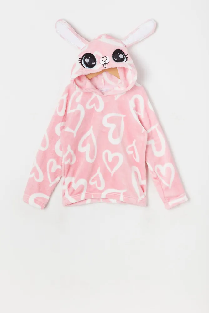 Urban Kids Girls Plush Heart Print Bunny Critter Hoodie