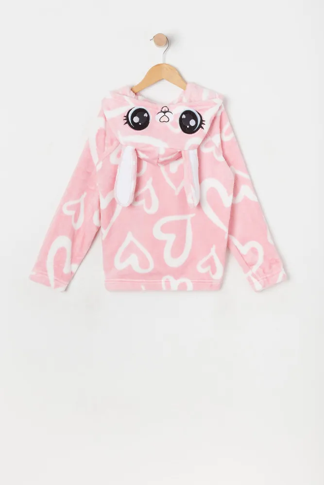 Urban Kids Girls Plush Heart Print Bunny Critter Hoodie