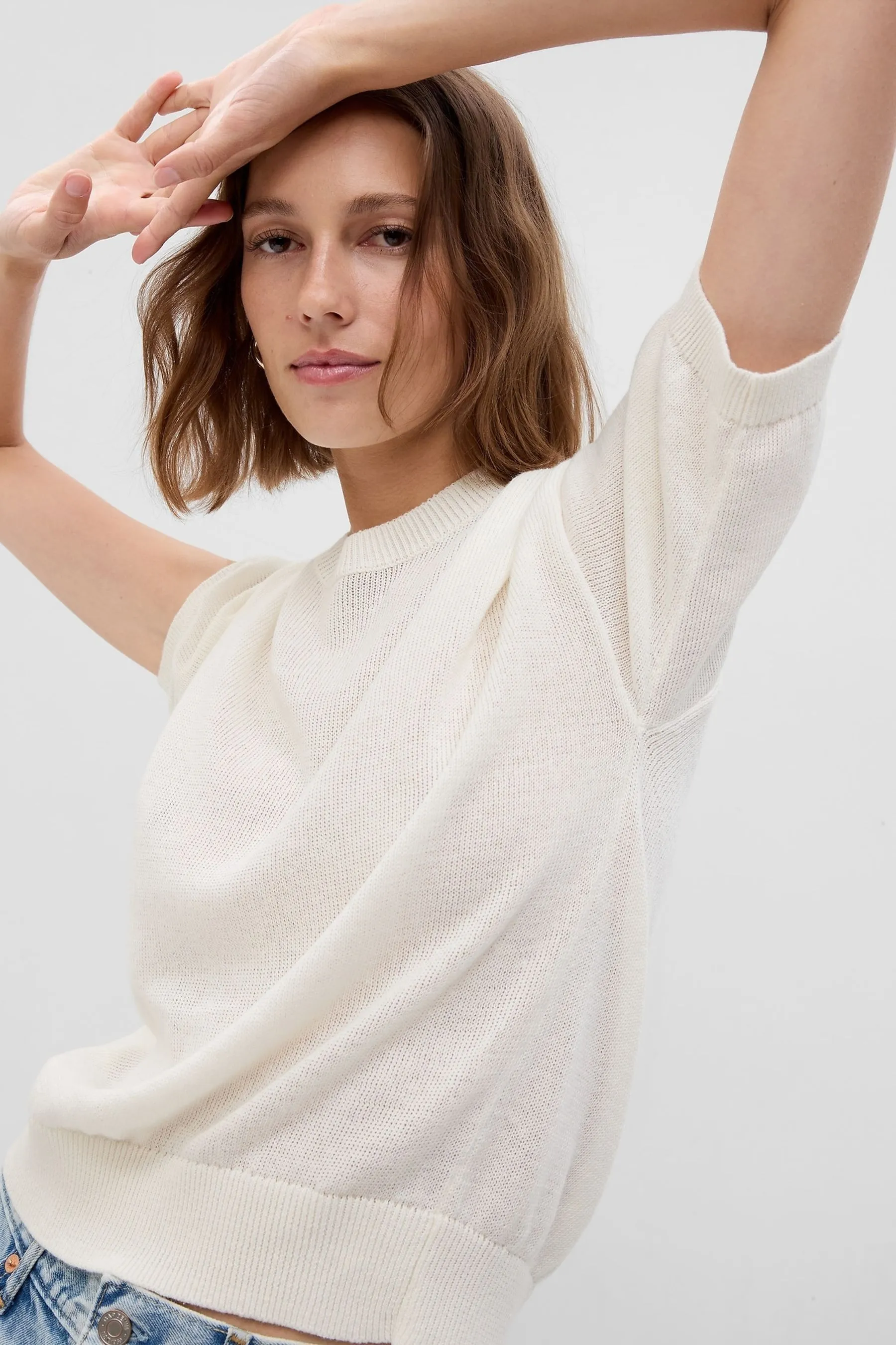 White LinenBlend Crewneck Jumper