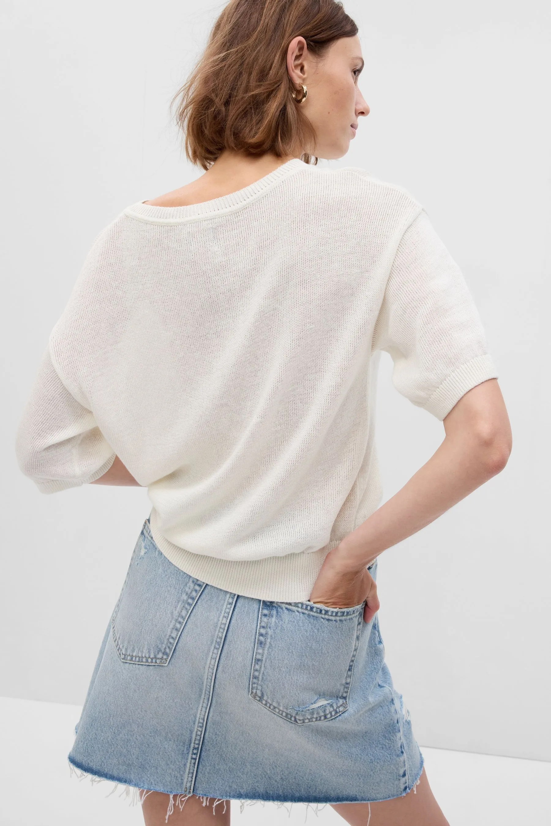 White LinenBlend Crewneck Jumper