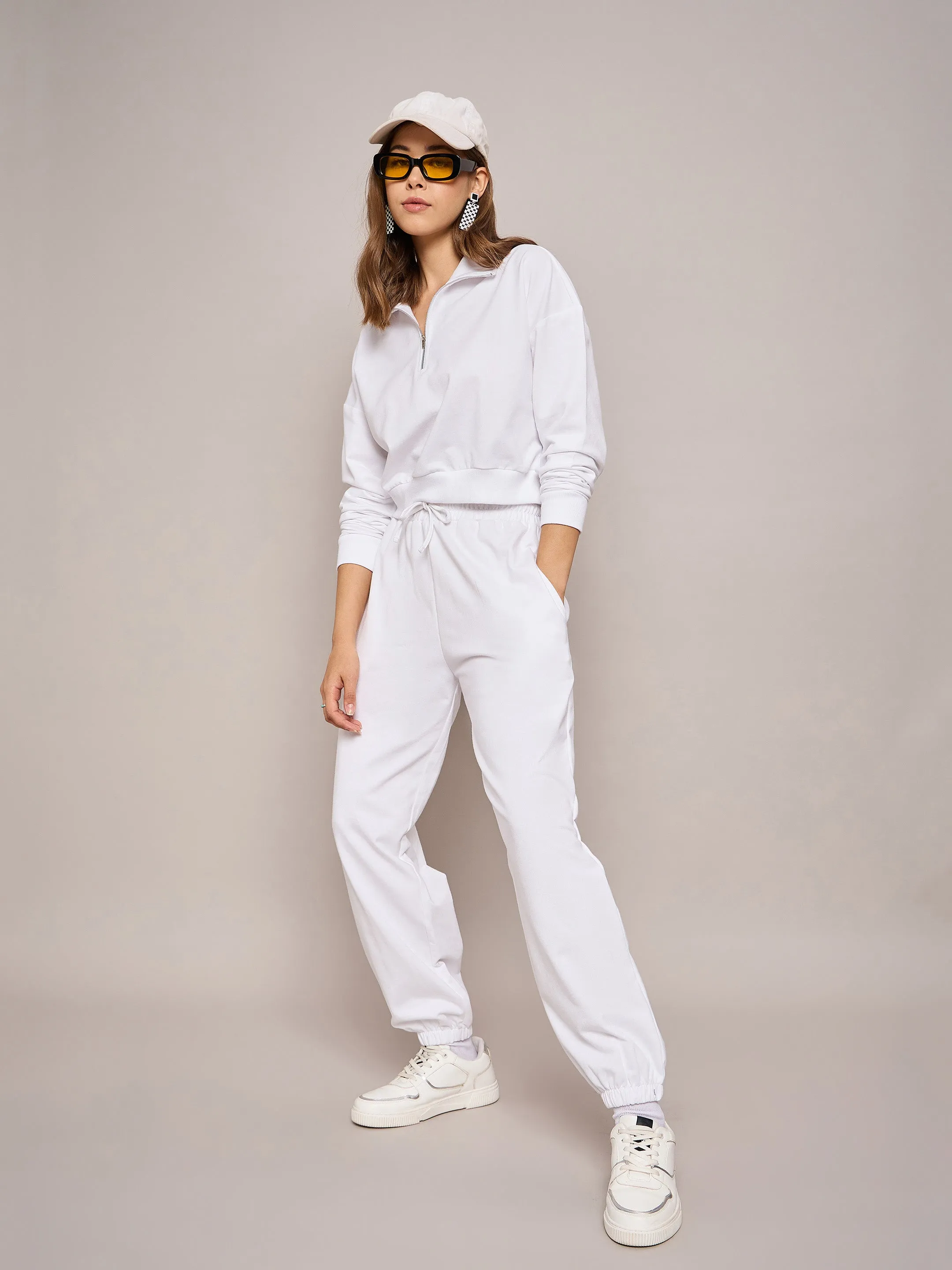 Women White Terry Oversized Zipper Sweatshirt With Baggy Joggers