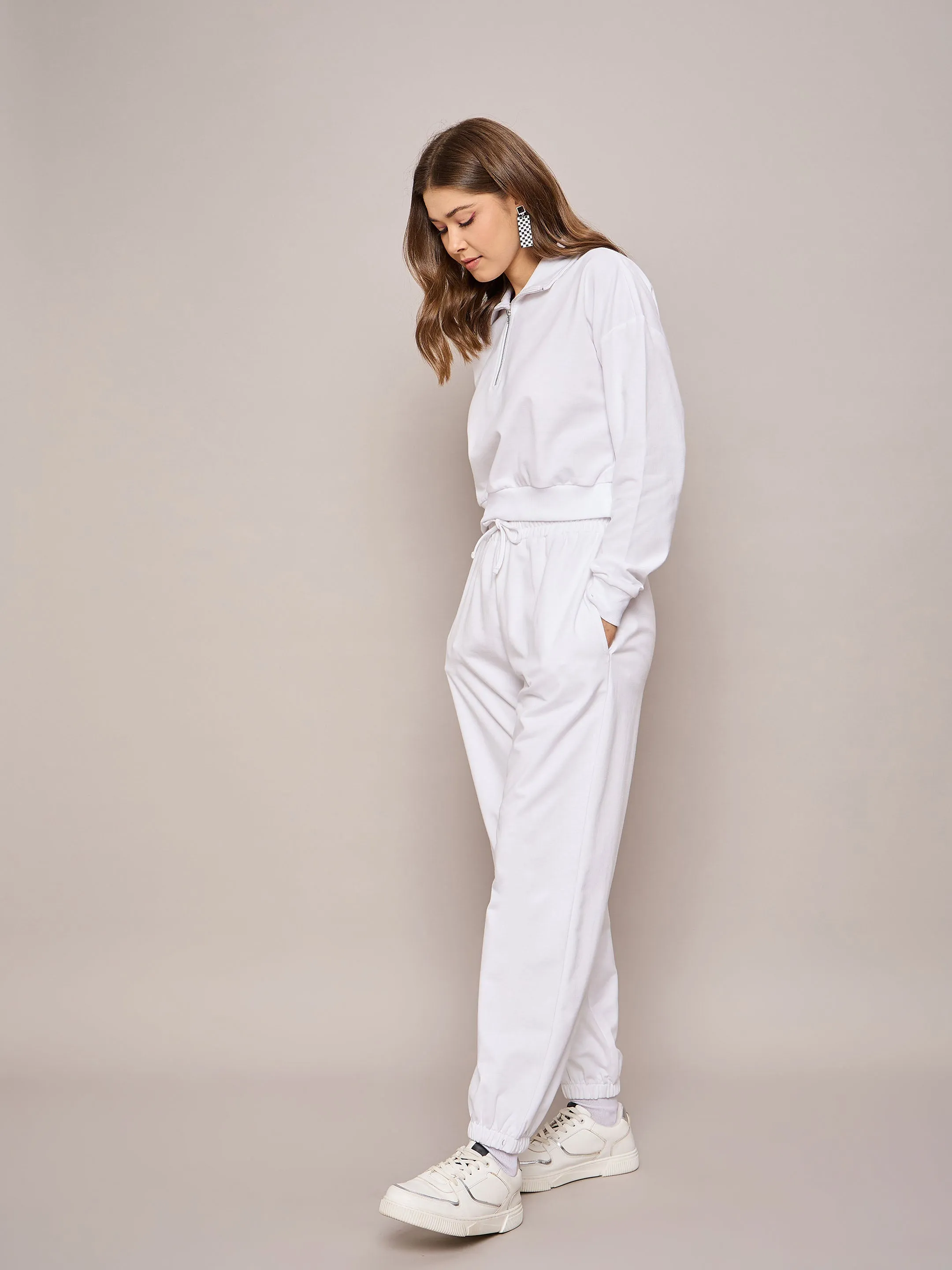 Women White Terry Oversized Zipper Sweatshirt With Baggy Joggers